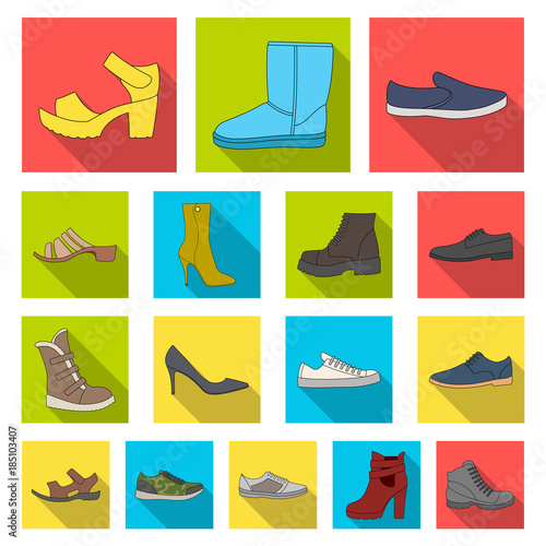 Different shoes flat icons in set collection for design. Men's and women's shoes vector symbol stock web illustration.