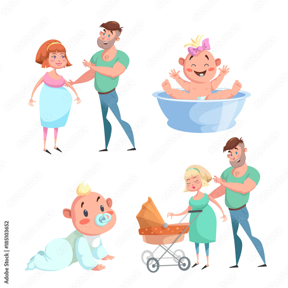 Cartoon trendy design happy family sticker icons. Washing baby in basin and  crawl baby, pregnant woman with husband, mother and father with stroller.  Stock Vector | Adobe Stock