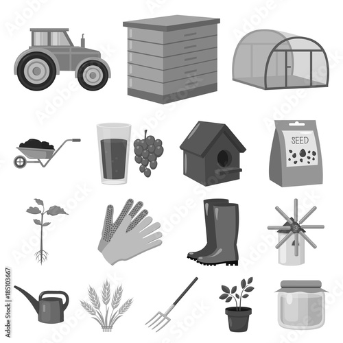 Farm and gardening monochrome icons in set collection for design. Farm and equipment vector symbol stock web illustration.