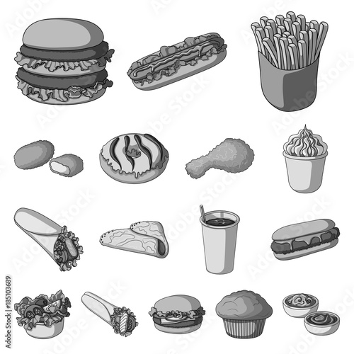 Fast food monochrome icons in set collection for design.Food from semi-finished products vector symbol stock web illustration.
