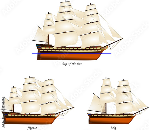 Valokuva vector illustration of a set of wooden sailing warships (ship of the line, friga