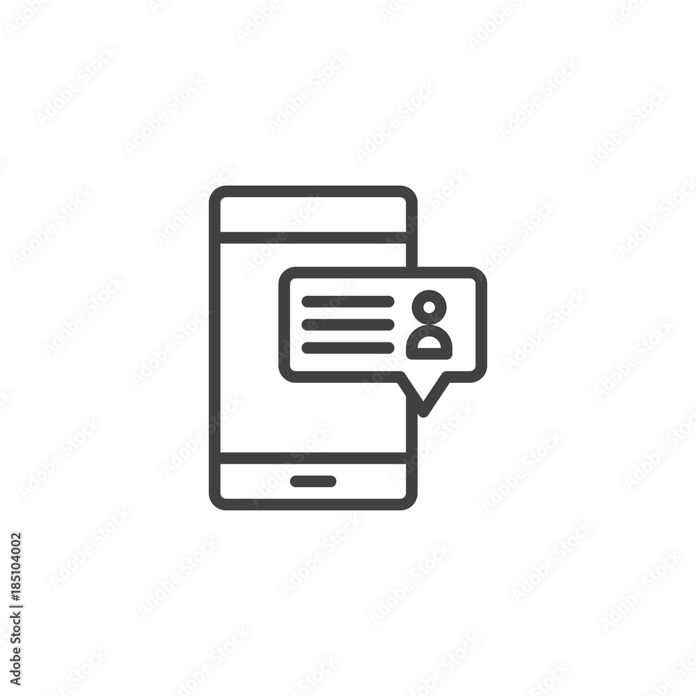 Mobile phone with message line icon, outline vector sign, linear style pictogram isolated on white. Online user dialogue symbol, logo illustration. Editable stroke Mobile phone with message line icon, outline vector sign, linear style pictogram isolated on white. Online user dialogue symbol, logo illustration. Editable stroke