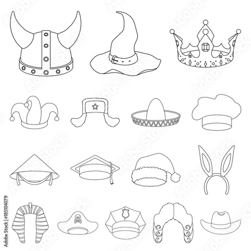 Different kinds of hats outline icons in set collection for design.Headdress vector symbol stock web illustration.