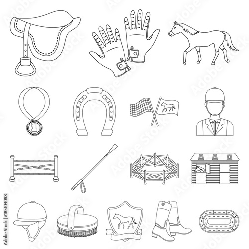 Hippodrome and horse outline icons in set collection for design. Horse Racing and Equipment vector symbol stock web illustration.