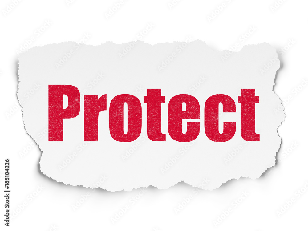 Obraz premium Privacy concept: Painted red text Protect on Torn Paper background with Scheme Of Hand Drawn Security Icons