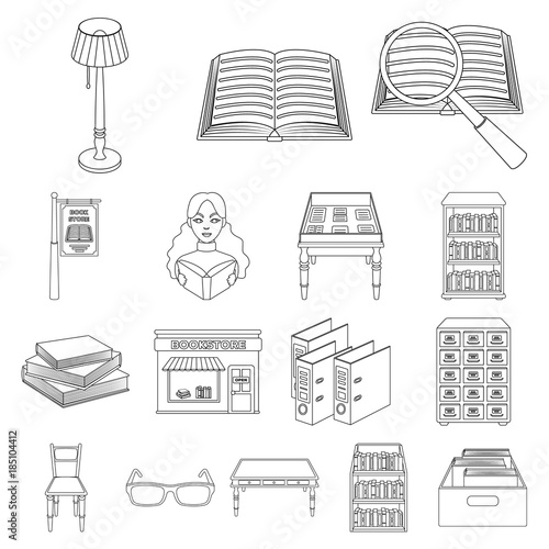 Library and bookstore outline icons in set collection for design. Books and furnishings vector symbol stock web illustration.