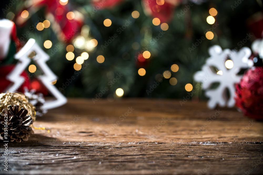 Christmas Table Blurred Lights Background, Wood Desk in Focus, Xmas Wooden Plank, Blur Home Room
