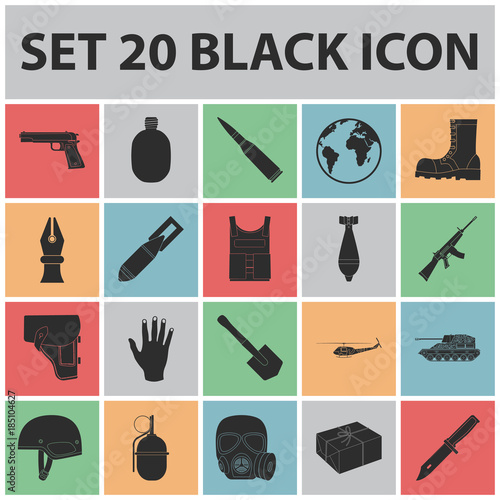 Army and armament black icons in set collection for design. Weapons and equipment vector symbol stock web illustration.