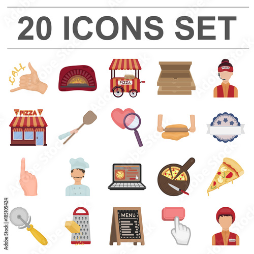 Pizza and pizzeria cartoon icons in set collection for design. Staff and equipment vector symbol stock web illustration.