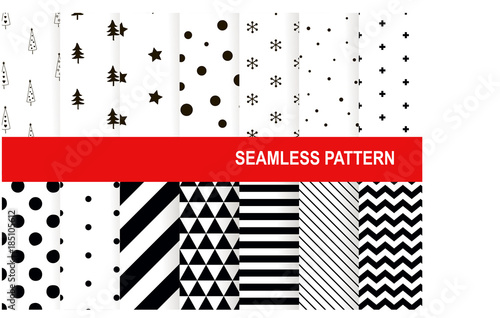 Christmas seamless pattern Vector background set. Holiday winter  design greeting card backdrop, wrapping paper, interior. Scandinavian elements collection decoration. Black element isolated on white.