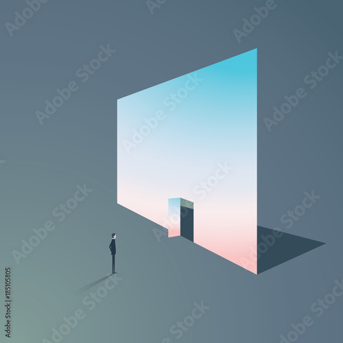 Business opportunity vector concept with door entrance in wall and businessman symbol. Symbol of career prospects and future.
