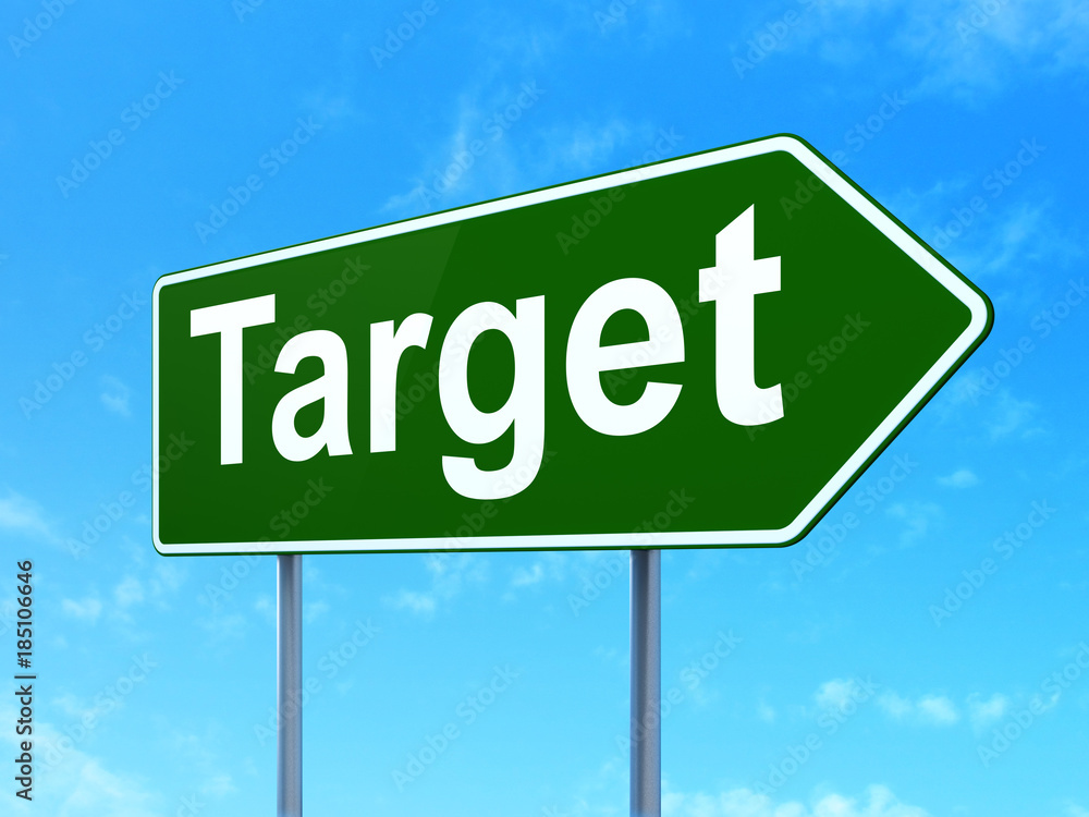 Business concept: Target on green road highway sign, clear blue sky background, 3D rendering Business concept: Target on green road highway sign, clear blue sky background, 3D rendering