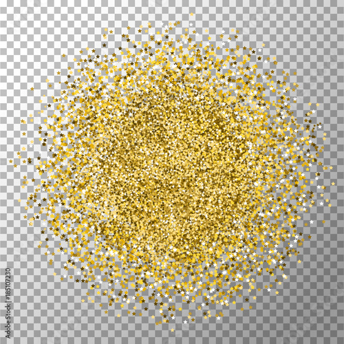 Gold sparkles and glittering powder spray. Sparkling glitter particles explosion on vector black transparent background. Golden star light shining or luxury fireworks and confetti outburst