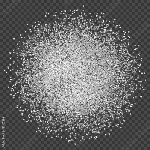 Silver sparkles and glittering powder spray. Sparkling glitter particles explosion on vector black transparent background. Silveren star light shining or luxury fireworks and confetti outburst