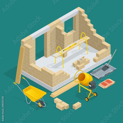 Isometric construction of a brick house. House building process vector illustration. Constructing home with tools and materials.
