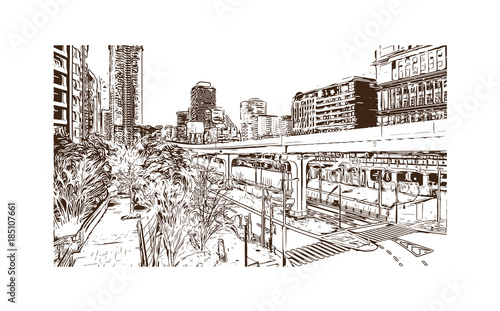 Tokyo, Japan. Hand drawn sketch in vector illustration. Vector illustration for a postcard or a poster. white background.