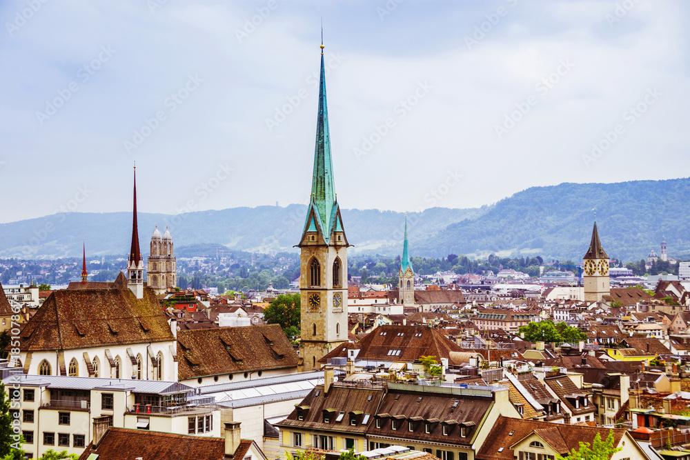 View of the historic city center of Zurich with with, Canton of Zurich, Switzerland. Popular touristic destination in Europe