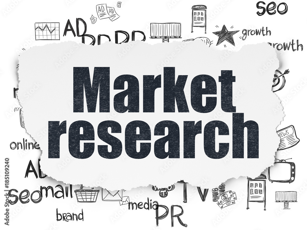 Fototapeta premium Advertising concept: Painted black text Market Research on Torn Paper background with Hand Drawn Marketing Icons