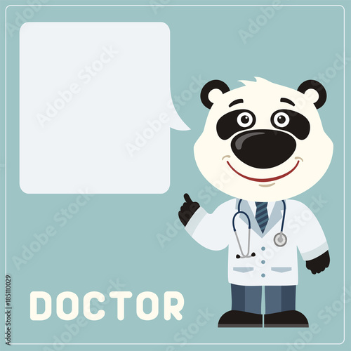 Fototapeta Naklejka Na Ścianę i Meble -  Panda bear doctor with bubble speech in cartoon style. Smiling doctor panda says important information about health.