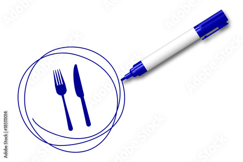 blauer Filzstift kreist ein Gabel und Messer - Restaurant