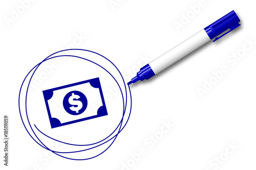 blauer Filzstift kreist ein Geldschein Dollar