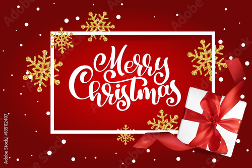 Christmas Greeting Card. Merry Christmas lettering, red background vector illustration, with a Mesh gift box and golden snowflakes