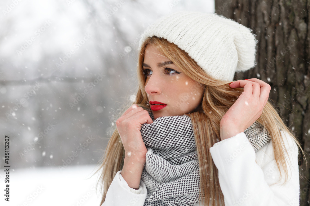 Winter portrait of beautiful blonde young woman in park. Winter portrait of beautiful blonde young woman in park.