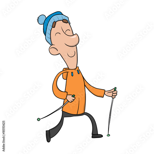 Funny smiling man in sandy hoodie practices Nordic walking with poles. Cartoon character vector illustration. Isolated image on white background.