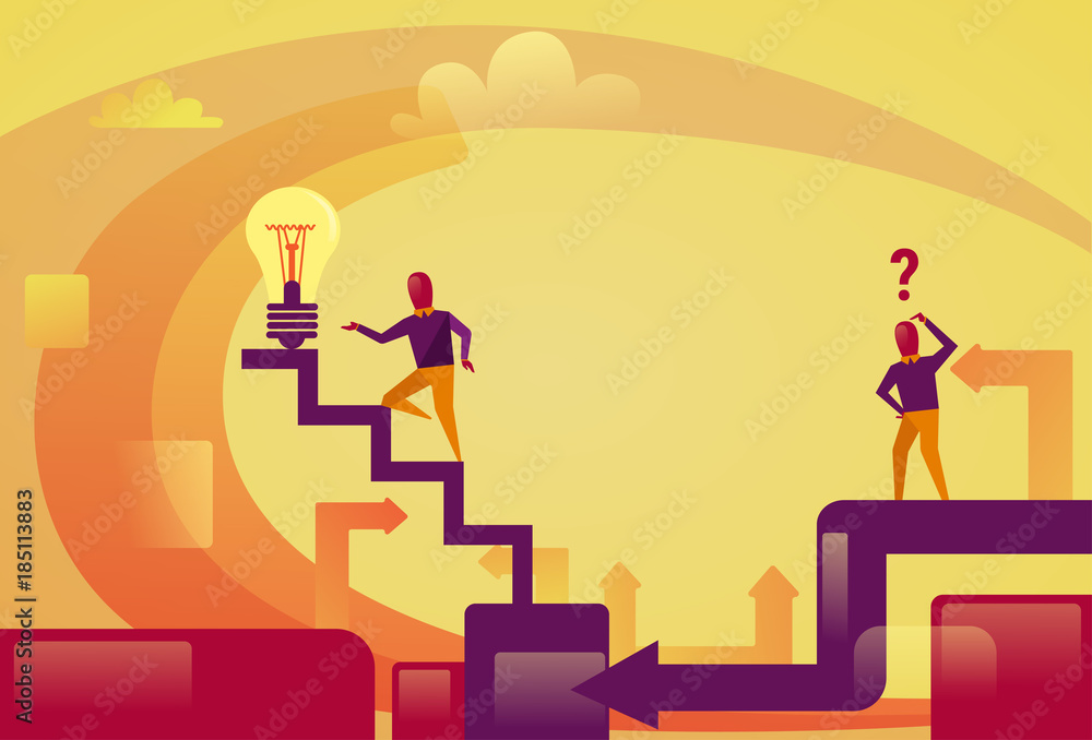 Successful Business Man Walking Upstairs To Light Bulb New Idea Innovation Concept Vector Illustration Successful Business Man Walking Upstairs To Light Bulb New Idea Innovation Concept Vector Illustration