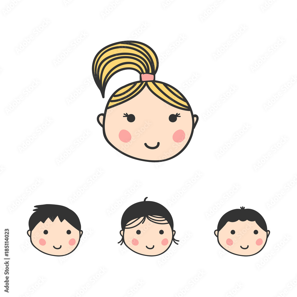 Set, collection of cute colorful doodle avatar icons isolated on white background.
Set, collection of cute colorful doodle avatar icons isolated on white background.