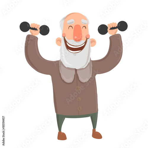 Smiling bearded old man with dumbbells. Active elderly man exercises. Cartoon character vector illustration. Isolated image on white background.