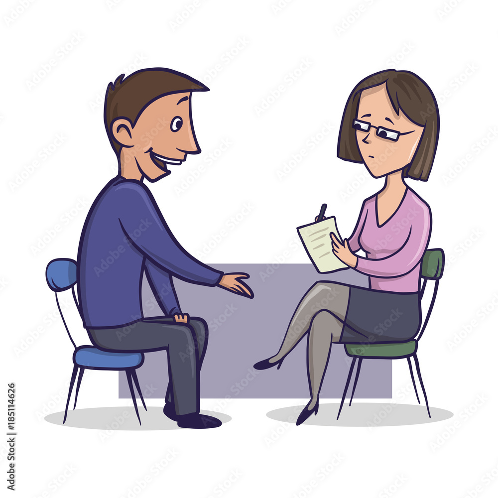 Obraz premium Woman in office suit and glasses listens to a man and makes some notes. Man talks to a woman sitting opposite him. Cartoon character vector illustration. Isolated image on white background.