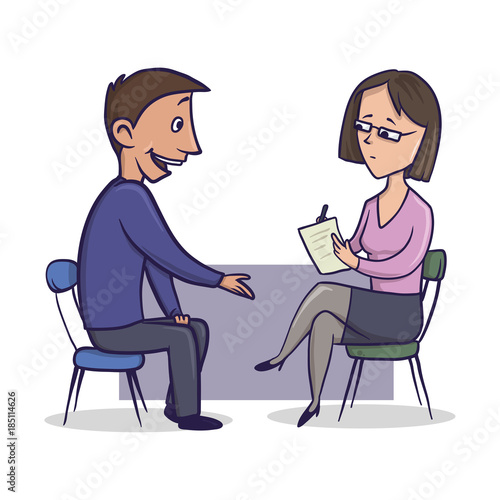 Fototapeta Naklejka Na Ścianę i Meble -  Woman in office suit and glasses listens to a man and makes some notes. Man talks to a woman sitting opposite him. Cartoon character vector illustration. Isolated image on white background.