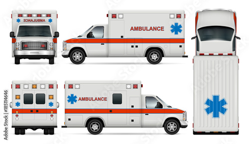 White ambulance car vector mock-up. Isolated medical van template on white background. All layers and groups well organized for easy editing and recolor. View from side, front, back and top. photo