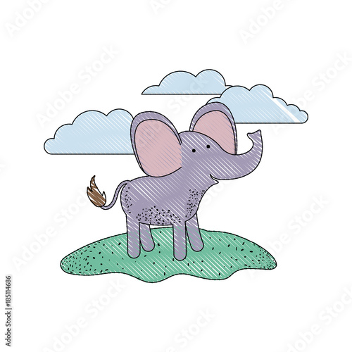 elephant cartoon in outdoor scene with clouds in colored crayon silhouette with thin contour