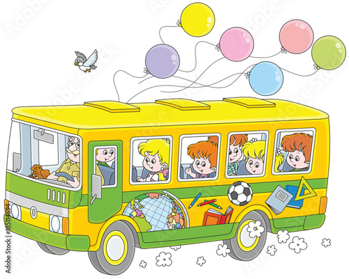 Little children riding a school bus with stickers and balloons