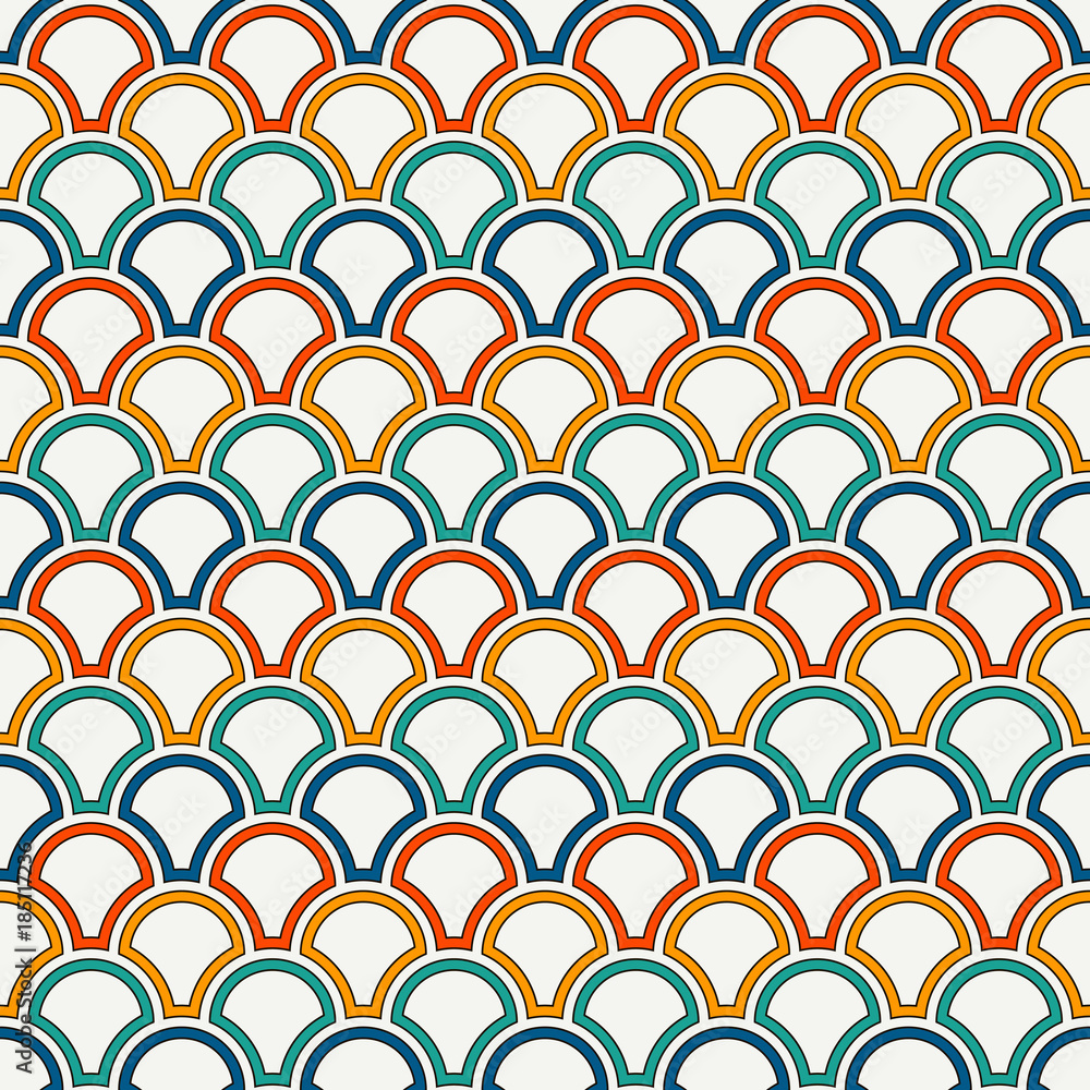 Bright fish scale wallpaper. Asian traditional ornament with repeated scallops. Seamless pattern with semicircles Bright fish scale wallpaper. Asian traditional ornament with repeated scallops. Seamless pattern with semicircles