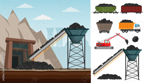 Coal mining industry and transportation set infographics elements isolated vector technics building