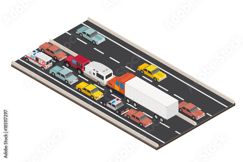 Isometric highway traffic jam vector illustration