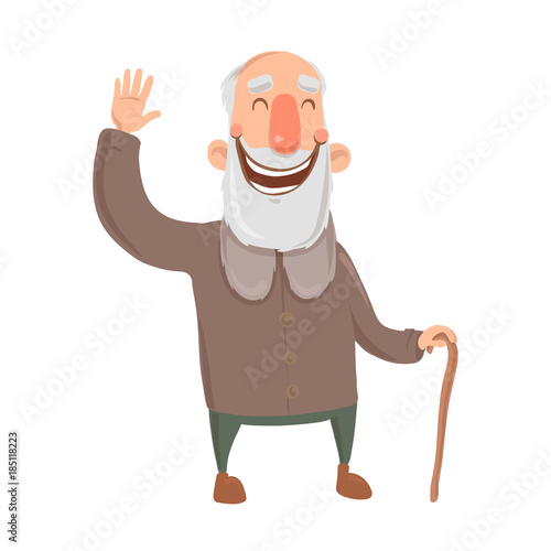 Smiling bearded old man with cane waves hand. Happy grey-haired elderly man greets. Cartoon character vector illustration. Isolated image on white background.