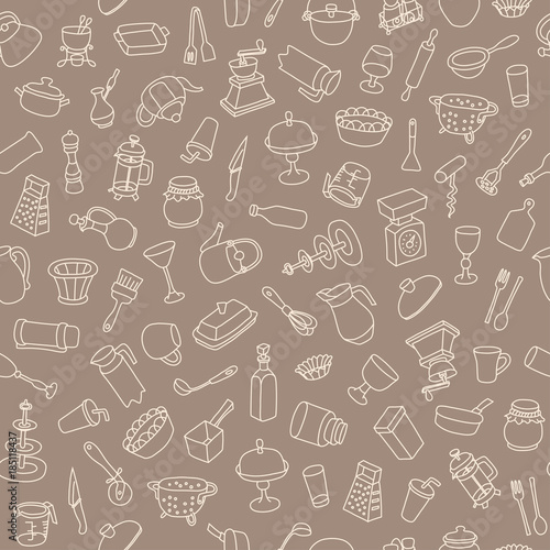 Seamless pattern with different types of cookware. Endless texture for wallpaper  fill   web page background  surface texture.