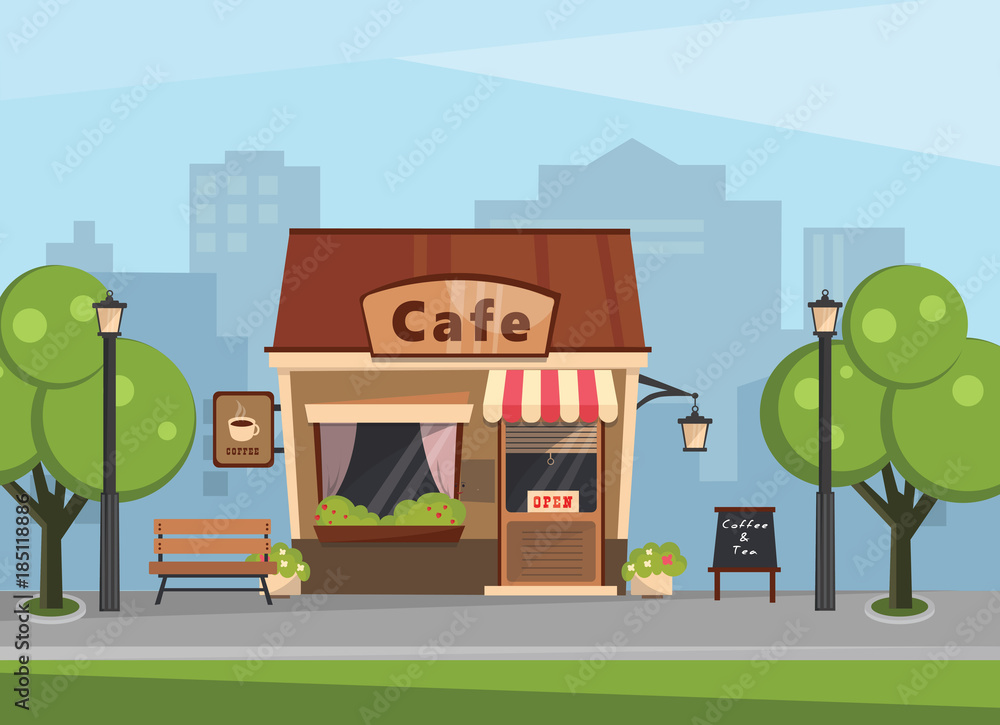 Building a cafe in the background of a large city. Vector illustration.