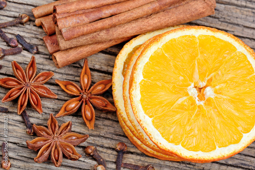 Slices of orange, cinnamon sticks, anise and cloves
