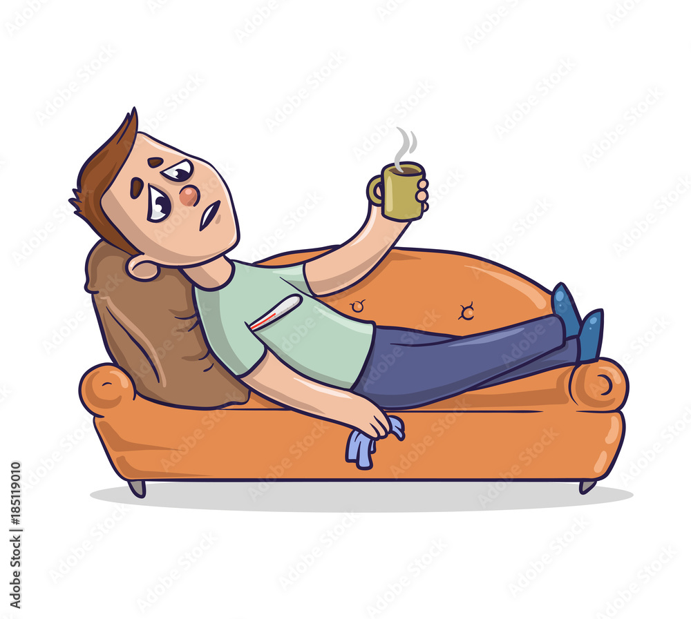 Young man with cold lies on a sandy-colored couch and takes medicine. Guy  on a sofa feeling sick. Cartoon character vector illustration. Isolated  image on white background. Stock Vector | Adobe Stock