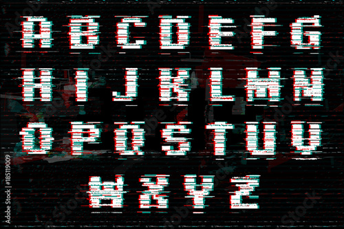 Alphabet with glitch and noise effect. Perfect style for digital illustrations. Vector abstract technology font.