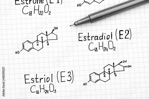 Chemical formulas of naturally occurring Estrogens - estrone  E1   estradiol  E2   estriol  E3  with black pen.
