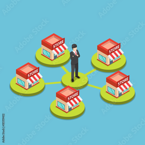 Isometric businessman standing with shopping store network.