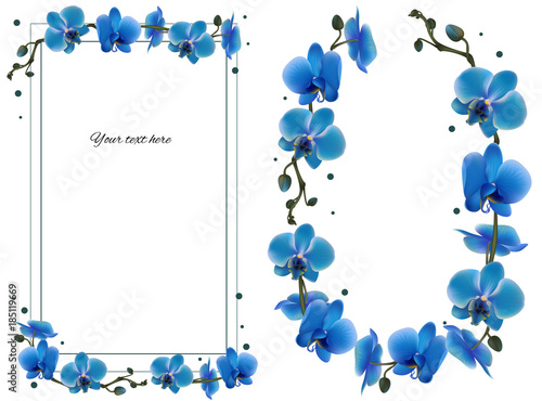 Orchid. Tropical flowers. Floral vector background. Blue. Exotic plants. Frame. Wreath. Border. Card.