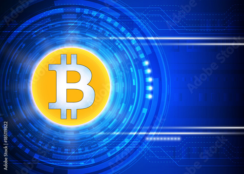Golden bitcoin cryptocurrency on digital technology background