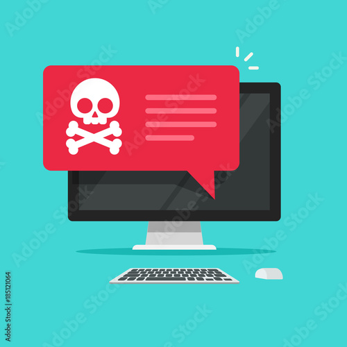 Caution virus malware alert notice notification on desktop computer vector, malware concept, spam data on pc display, fraud internet error, insecure connection, online scam, virus message